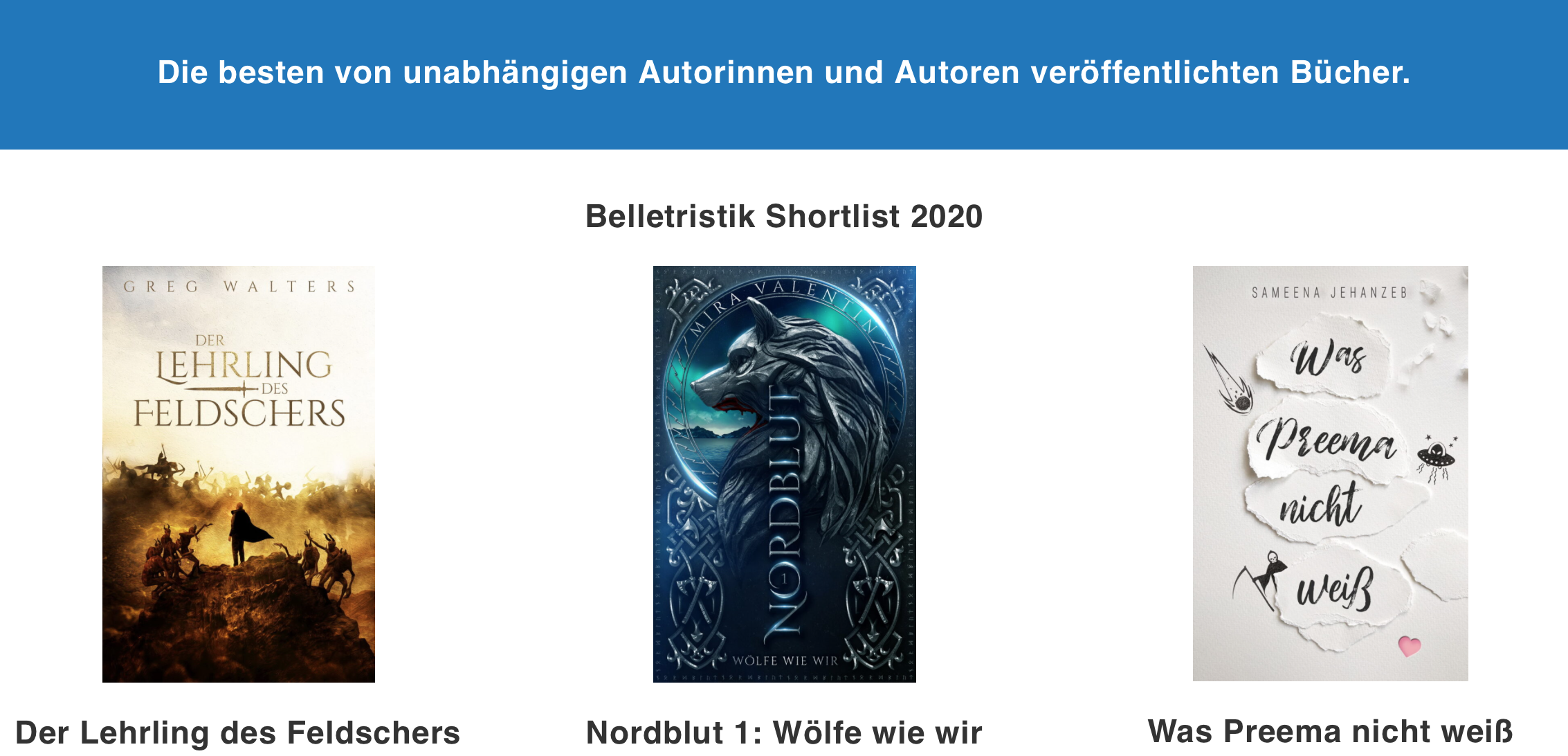 Shortlist Selfpublishing Buchpreis 2020, Belletristik