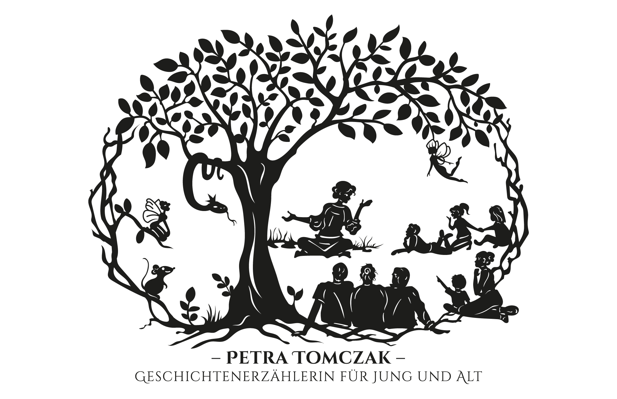 Logo mit Scherenschnittmotiv für die Geschichtenerzählerin Petra Tomczak