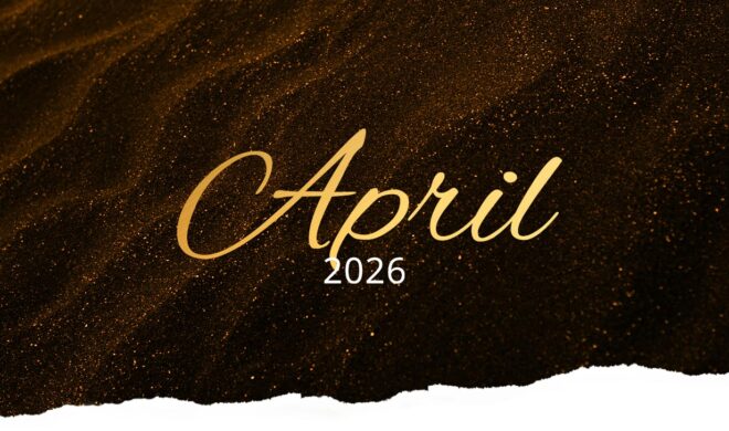 Header-Grafik mit der Aufschrift „April 2026“ in goldener Schrift auf dunklem, glitzerndem Hintergrund mit strukturierter Kante.