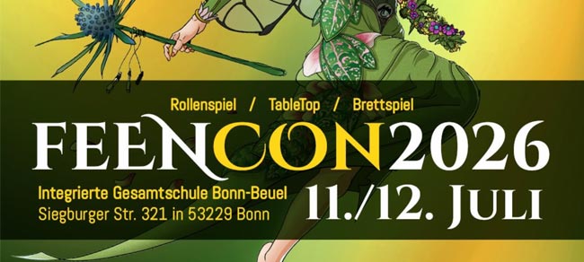 FeenCon Veranstalterlogo. Es zeigt unter anderem das Datum der Veranstaltung: 11.-12. Juli 2026, in der IGS Bonn-Beuel
