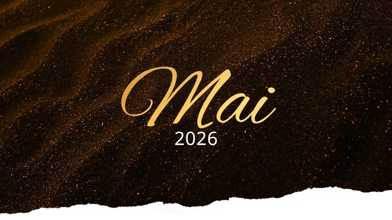 Header-Grafik mit der Aufschrift „Mai 2026“ in goldener Schrift auf dunklem, glitzerndem Hintergrund mit strukturierter Kante.