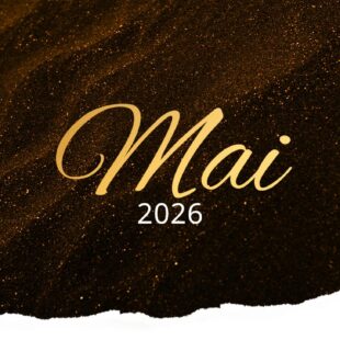Header-Grafik mit der Aufschrift „Mai 2026“ in goldener Schrift auf dunklem, glitzerndem Hintergrund mit strukturierter Kante.