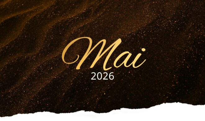 Header-Grafik mit der Aufschrift „Mai 2026“ in goldener Schrift auf dunklem, glitzerndem Hintergrund mit strukturierter Kante.